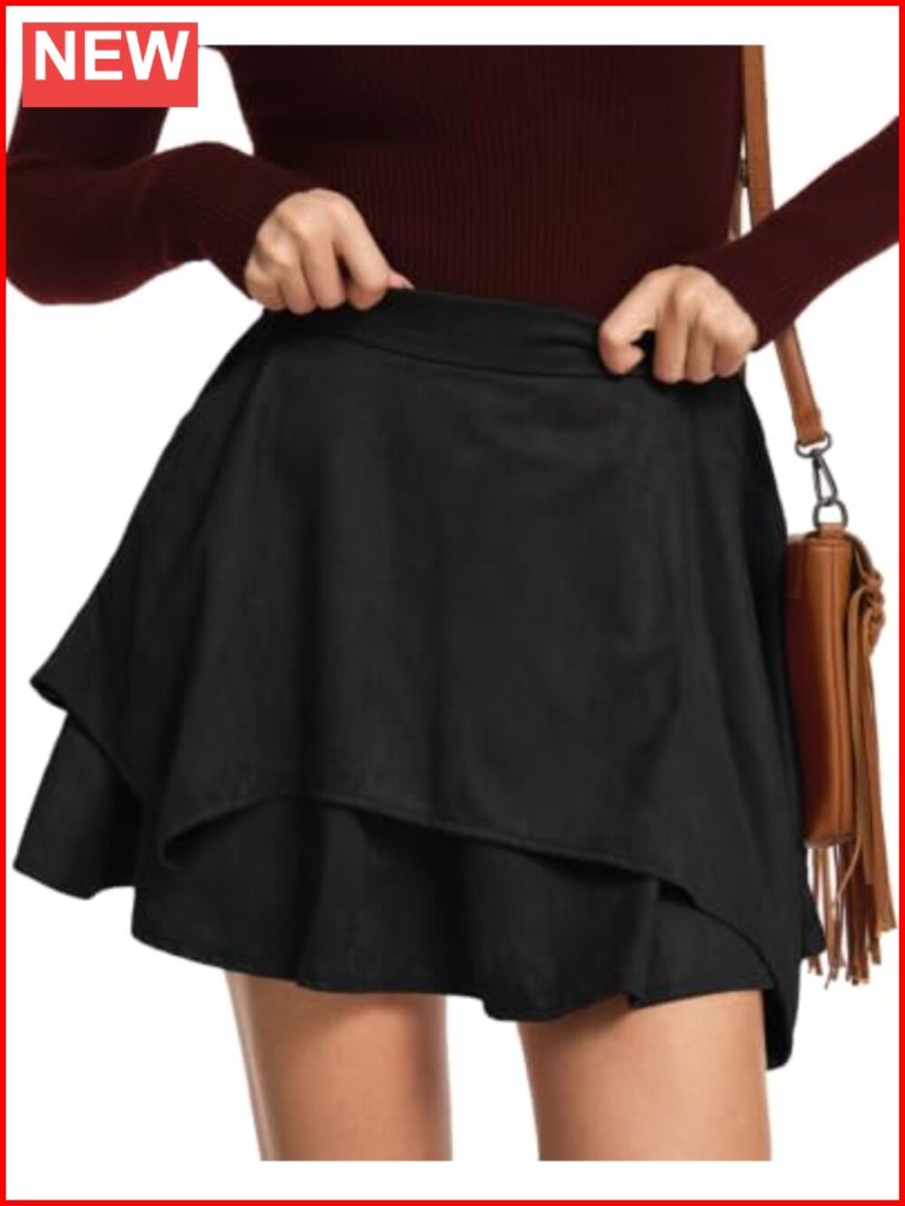 Faux Suede Mini Skirt High Waisted Layered Side Pockets Cowgirl Western
